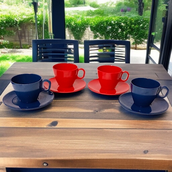4 Boonton Ware Coffee Cup Saucer Set Red Navy Blue Melamine Melmac USA Made MCM - Picture 16 of 16